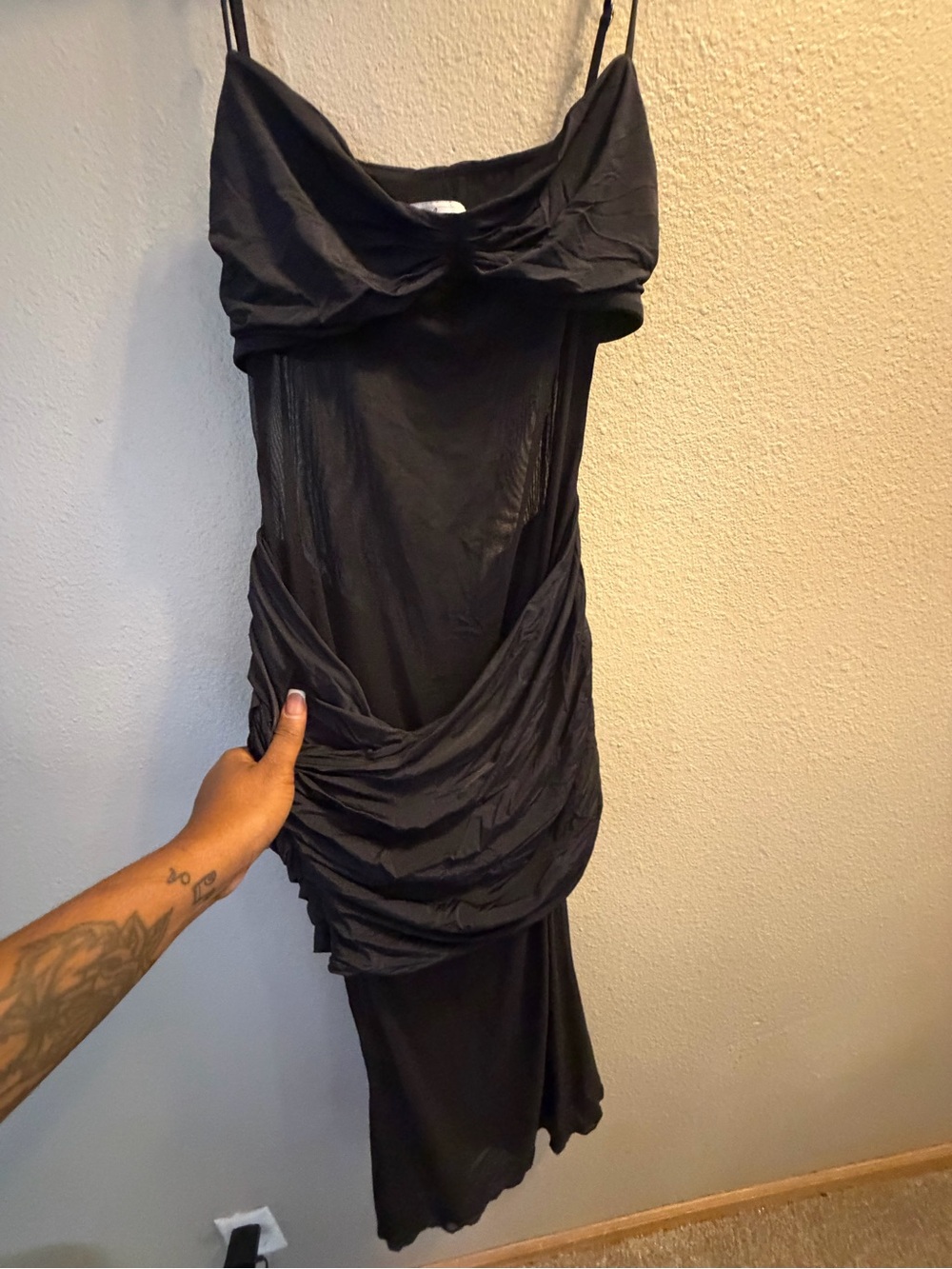 Princess Polly Black Asymmetrical Draped Spaghetti-Strap Dress